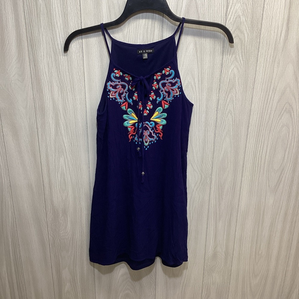 As U Wish Women's XS Sleeveless Scoop Neck Shift Lined Embroidered Dress Blue
